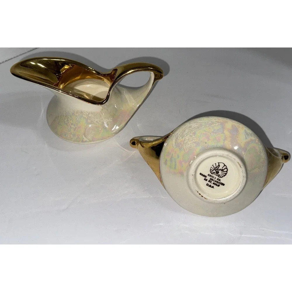 Vtg 22 Karat Gold‎ Leaf Creamer & Open Sugar Pearl China Co 1950's Lusterware